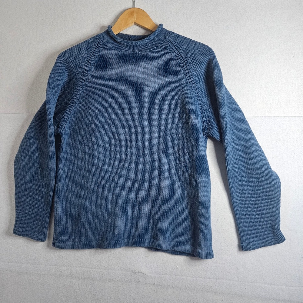 Vtg J.Crew Roll Neck Sweater Oarsman Blue Cotton Chunky Knit XS Raglan Sleeve